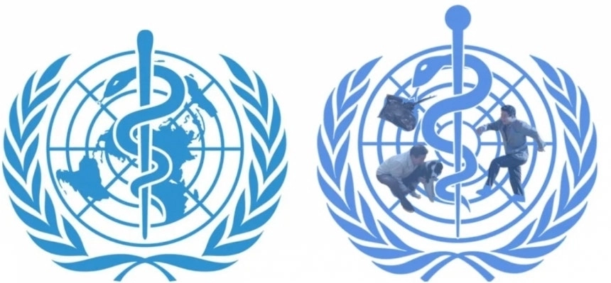 세계보건기구(WHO) 공식 로고(왼쪽)와 노무현 전 대통령 조롱 목적으로 변형된 로고에서 합성 이미지의 원본 사진을 표시한 이미지(오른쪽). WHO 공식 홈페이지·온라인 커뮤니티 캡처