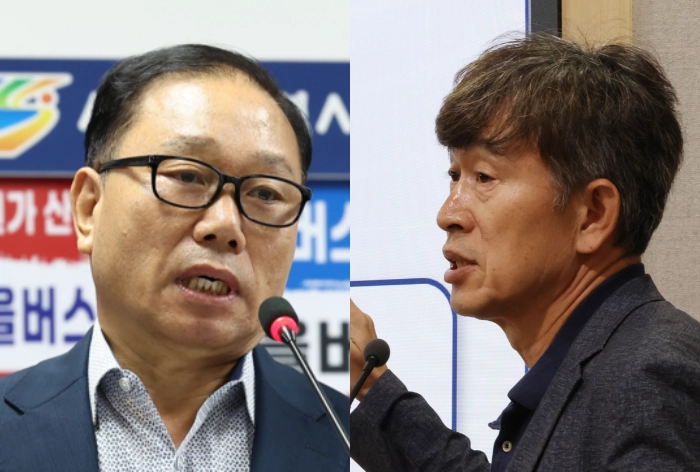 김용승 서울마을버스조합 이사장이 지난 22일 영등포구 서울마을버스조합 회의실에서 열린 ‘서울시 마을버스 대중교통 환승탈퇴’ 기자설명회에서 발언하고 있다(왼쪽 사진). 오른쪽 사진은 김태명 서울시 교통기획관이 지난 23일 마을버스조합 환승제 탈퇴 관련 브리핑을 하고 있다. 연합뉴스