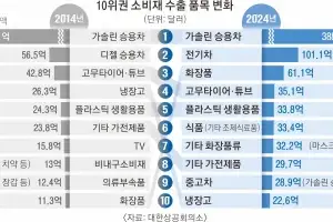 10년 새 바뀐 ‘수출 효자’… 디젤차·TV 지고, 전기차·화장품 떴다
