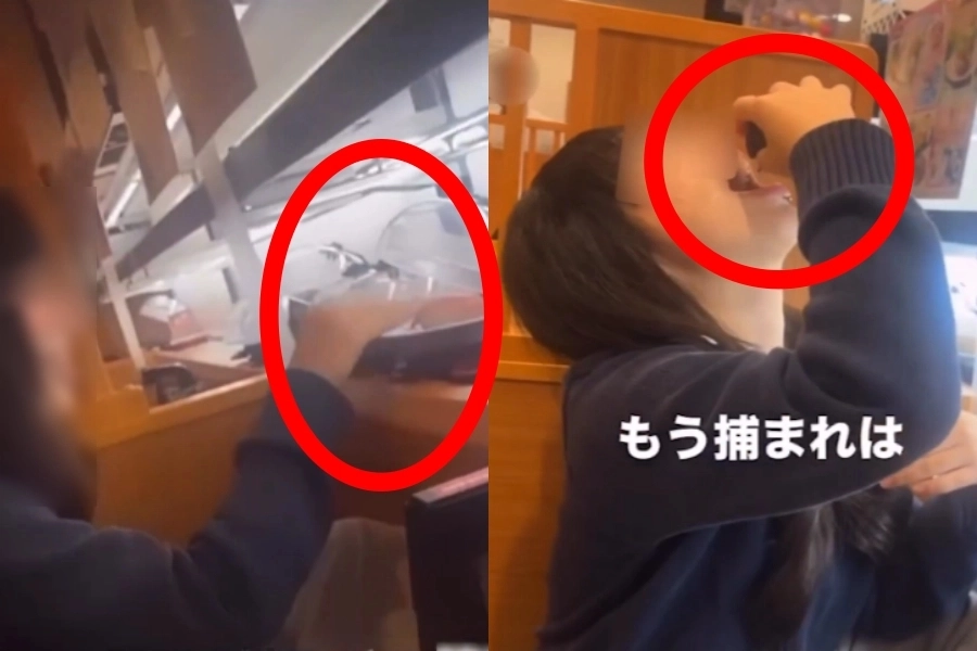 최근 일본 야마가타현의 쿠라스시 매장에서 한 여학생이 회전대 위에 진열된 회전초밥에 침을 묻히거나(사진 왼쪽) 간장병에 입을 갖다 대는 영상을 올려 논란이 되고 있다. 쿠라스시는 14일 “엄정하게 대응하겠다”고 밝혔다. 엑스(X) 캡처