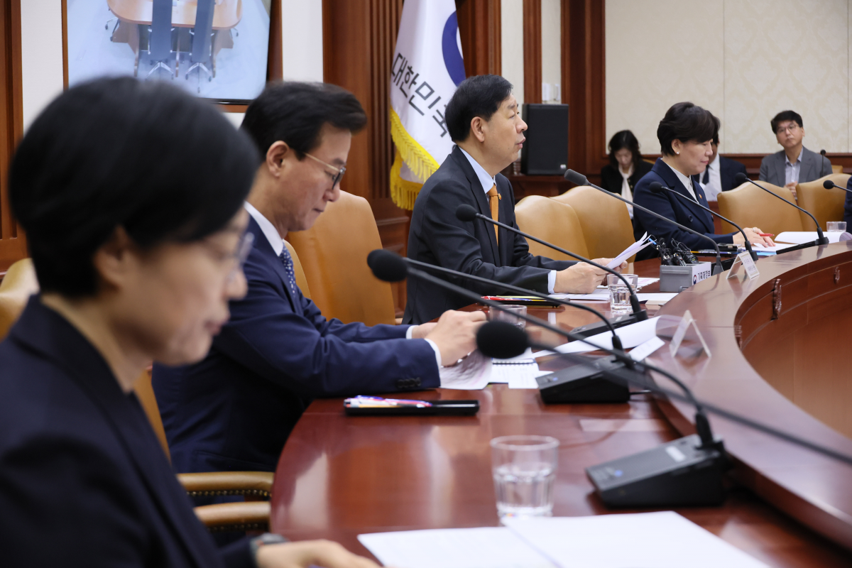 구윤철(왼쪽 세번째) 부총리 겸 기획재정부 장관이 20일 정부서울청사에서 열린  성장전략 태스크포스(TF) 겸 경제관계장관회의에서 발언하고 있다.  연합뉴스