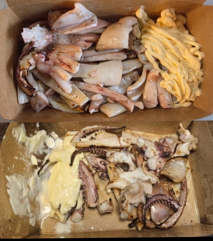 제주 서귀포시 매일올래시장 상인회가 제공한 1만 5000원짜리 철판오징어 정량을 찍은 사진.(위) 한 네티즌이 “바가지를 썼다”며 온라인 커뮤니티에 올린 사진(아래)와 현저히 차이가 난다. 자료 : JIBS·보배드림