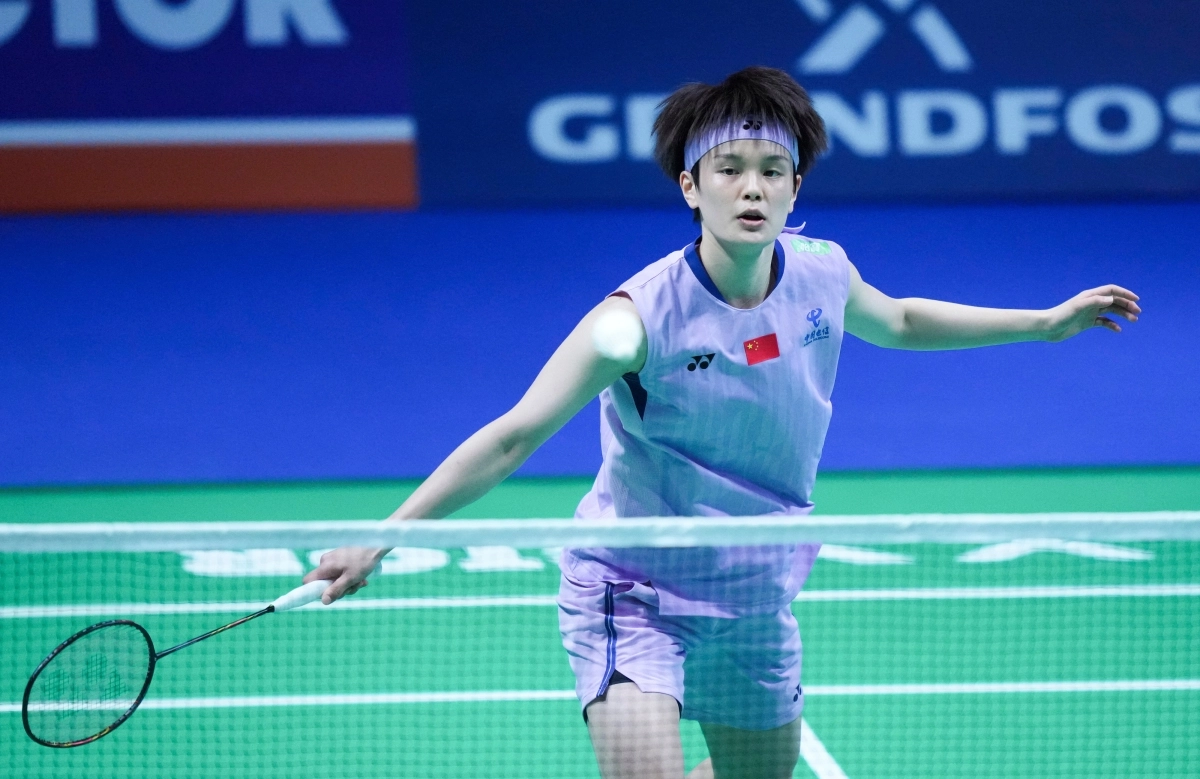 18일(한국시간) 덴마크 오덴세에서 열린 2025 세계배드민턴연맹(BWF) 월드투어 슈퍼 750 덴마크오픈에 나선 여자 단식 세계랭킹 2위 왕즈이(중국). AP 연합뉴스
