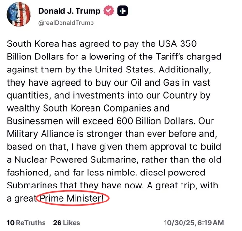 도널드 트럼프 대통령이 30일 트루스소셜에 올린 게시글. 이재명 대통령을 ‘총리’(Prime Minister)로 표기했다. 도널드 트럼프 대통령 트루스소셜 캡처
