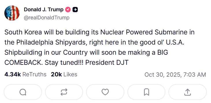 한국의 핵잠수함 건조 승인에 대해 밝힌 트럼프 대통령의 소셜미딩 메시지. 트루스소셜 캡처