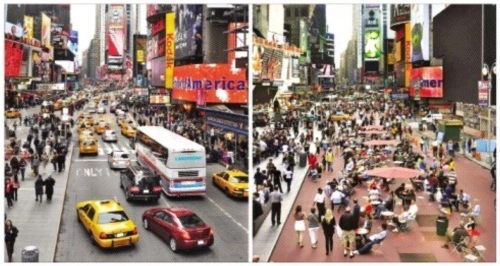 2009년 미국 뉴욕 타임스스퀘어 거리 광장 조성 전(왼쪽 사진)과 후(오른쪽 사진)의 모습. 출처:https://www.pbs.org/newshour/nation/urban designers transformed these five plazas into pedestrian paradise