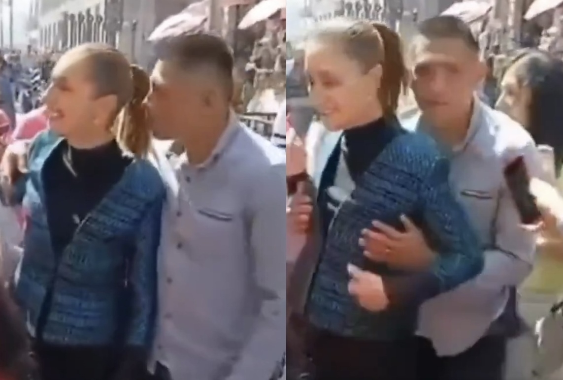 클라우디아 셰인바움 멕시코 대통령이 4일(현지시간) 수도 멕시코시티의 한 번화가에서 시민들과 만나던 도중 한 남성이 다가가 신체 접촉을 하고 있다. 자료 : 엑스