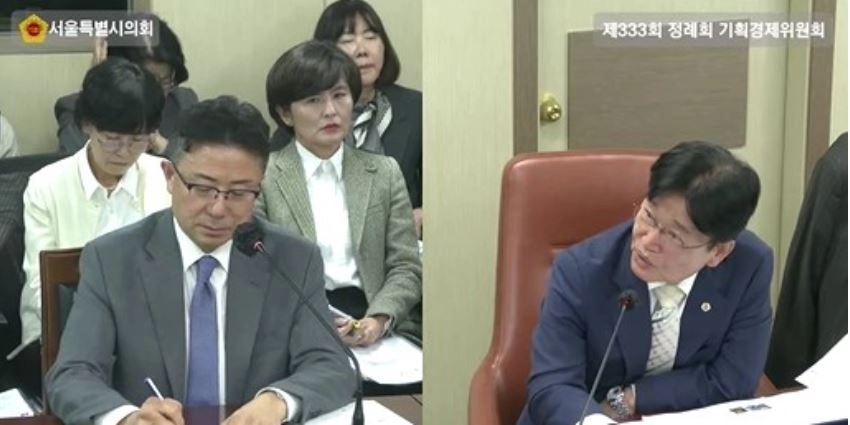 지난 5일 열린 경제실 행정사무감사에서 주용태 경제실장에게 질의하는 김용일 의원(오른쪽)