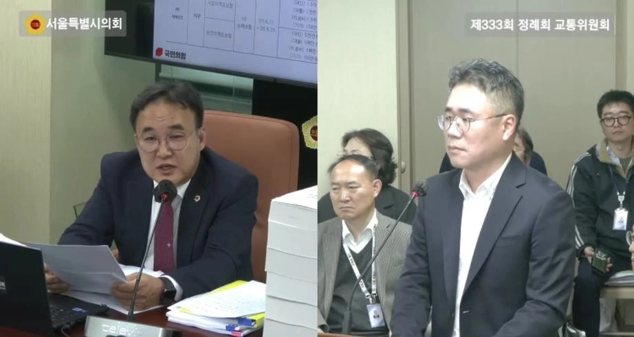 윤기섭 의원이 지난 4일 교통위원회 회의실에서 실시된 행정사무감사에서 최영우 피유엠피 대표에게 질의하고 있다.