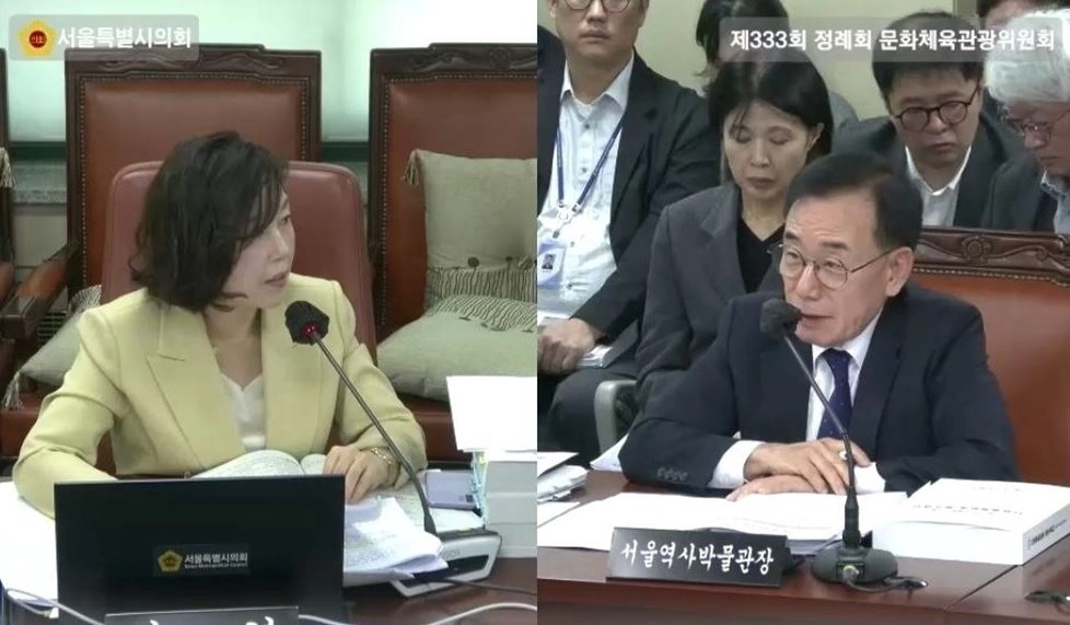 지난 6일 서울시의회 문화체육관광위원회에서 열린 서울역사박물관 및 한성백제박물관 행정사무감사에서 서울역사박물관장에게 질의하는 김경 의원