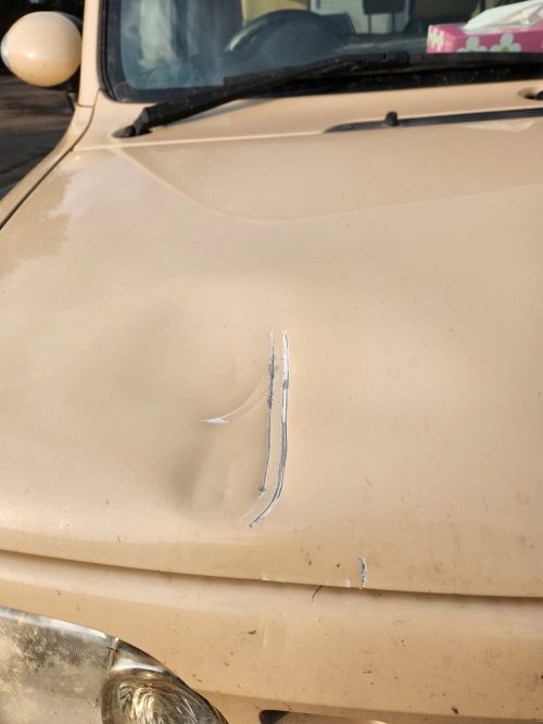 지난 6일 오후 일본 홋카이도 삿포로시에서 172㎞가량 떨어진 우라카와 마을의 한 다리 위에서 불곰이 차량을 향해 돌진한 흔적. 2025.11.7. 엑스(X) 캡처