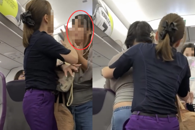 베트남에서 홍콩으로 향하던 홍콩익스프레스 여객기 내에서 한 여성 승객(빨간색 원)이 남자 친구 옆으로 자리를 옮겨 달라며 승무원과 실랑이를 하다가 자신을 말리는 다른 승무원을 밀치는 모습. 인스타그램 캡처