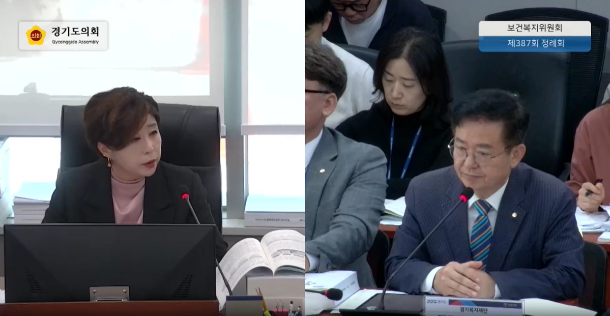 정경자 의원이 제387회 정례회 보건복지위원회 행정사무감사에서 경기복지재단을 상대로 질의하고 있다.(사진=경기도의회)