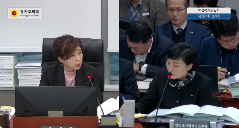 정경자 의원이 10일 열린 제387회 정례회 보건복지위원회 경기도사회서비스원 대상 행정사무감사에서 피감기관을 상대로 질의하고 있다.(사진=경기도의회)