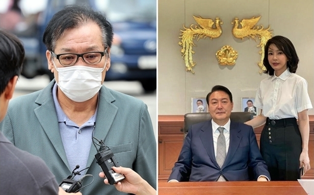 건진법사 전성배(왼쪽)씨와 윤석열 전 대통령 부부. 연합뉴스