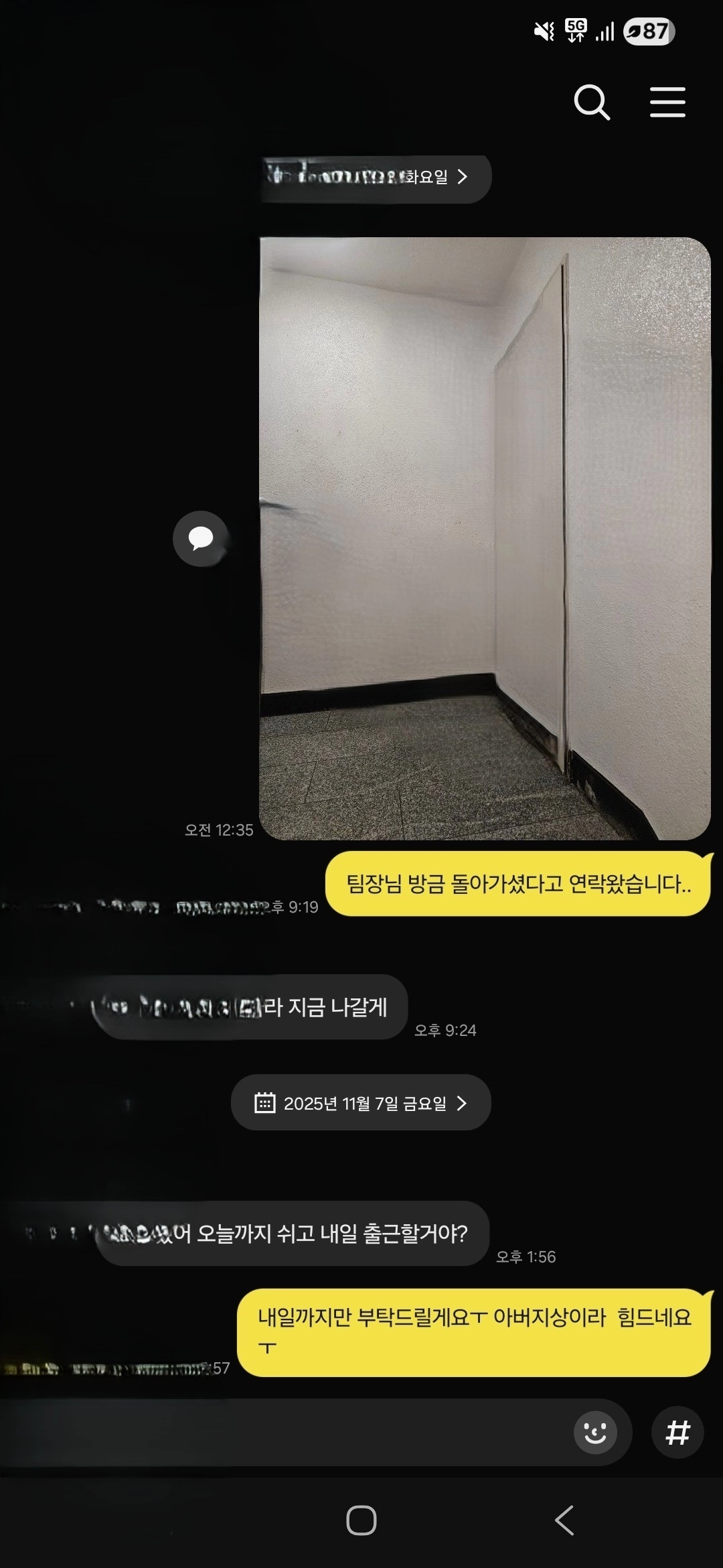 30대 쿠팡 노동자가 숨지기 이틀전 대리점 직원과 나눈 카톡 메시지의 일부. 전국택배노조 제공