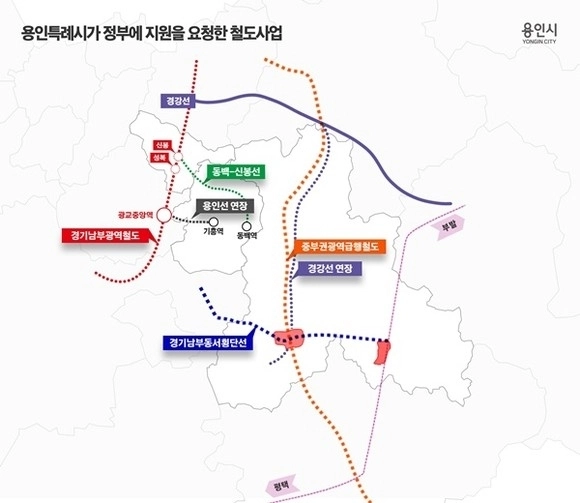 용인시가 대통령실과 정부에 지원을 요청한 철도사업 노선도