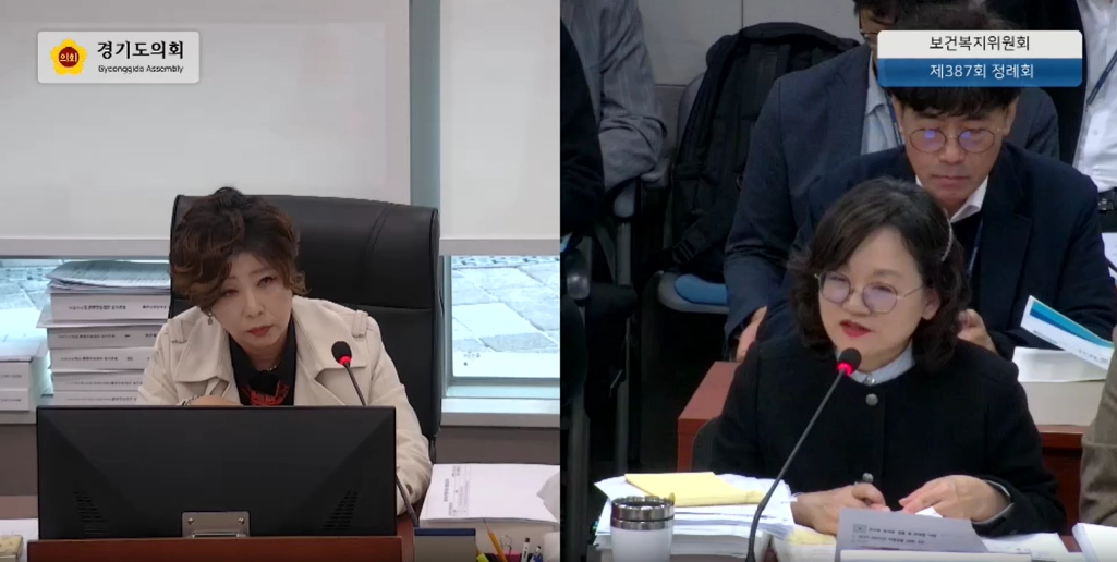 정경자 의원이 12일 열린 제387회 정례회 보건복지위원회 행정사무감사에서 피감기관을 상대로 질의하고 있다.(사진=경기도의회)