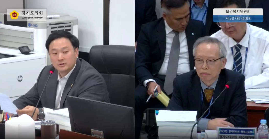 고준호 의원이 12일 열린 제387회 정례회 보건복지위원회 행정사무감사에서 피감기관을 상대로 질의하고 있다.(사진=경기도의회)