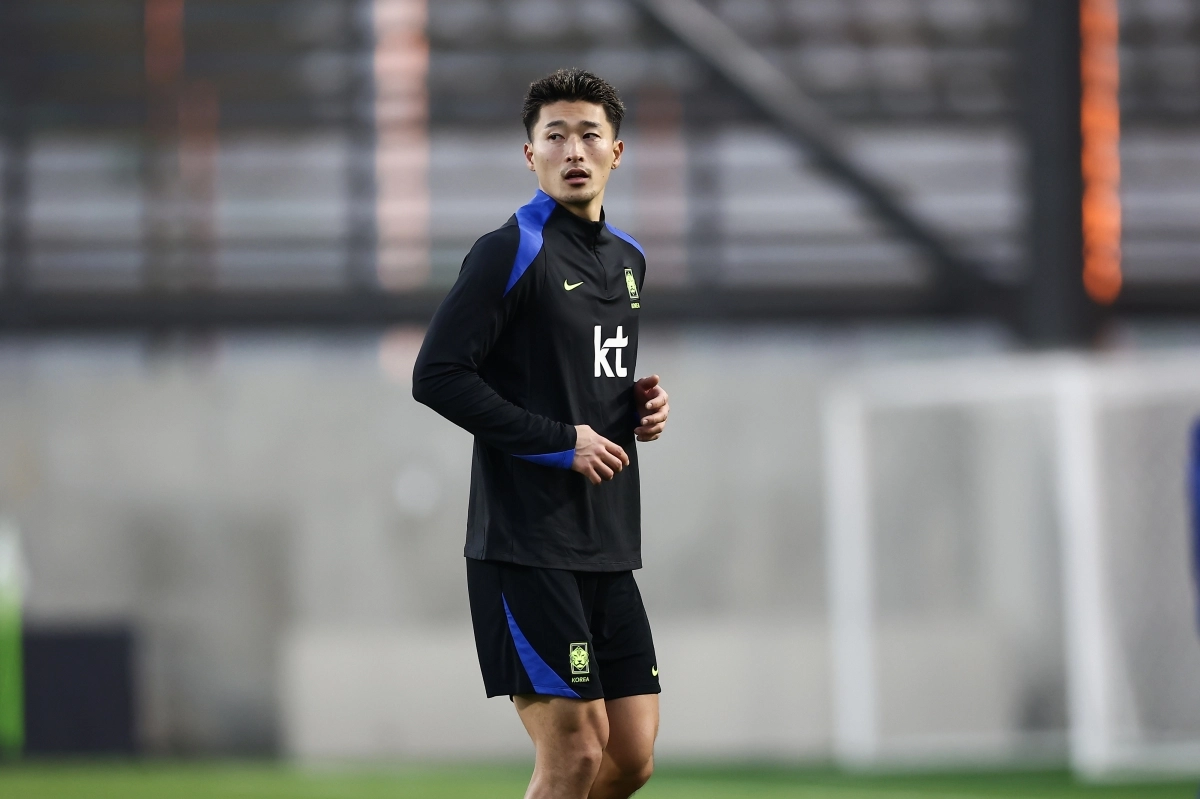 한국 축구 국가대표 조규성이 12일 천안축구종합센터에서 진행된 볼리비아전 대비 비공개 훈련에 참여하고 있다. 대한축구협회 제공