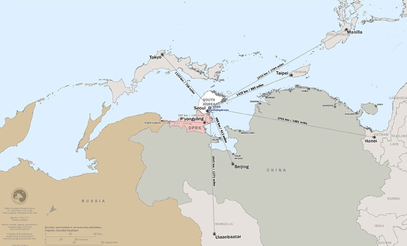 제이비어 브런슨 주한미군사령관이 주한미군 교육용으로 제작을 지시해 사용 중인 뒤집힌 동아시아 지도. 브런슨 사령관은 17일 “이 지도는 전략적 축(pivot)으로서 한반도의 역할을 드러낸다”고 강조했다. 주한미군 제공