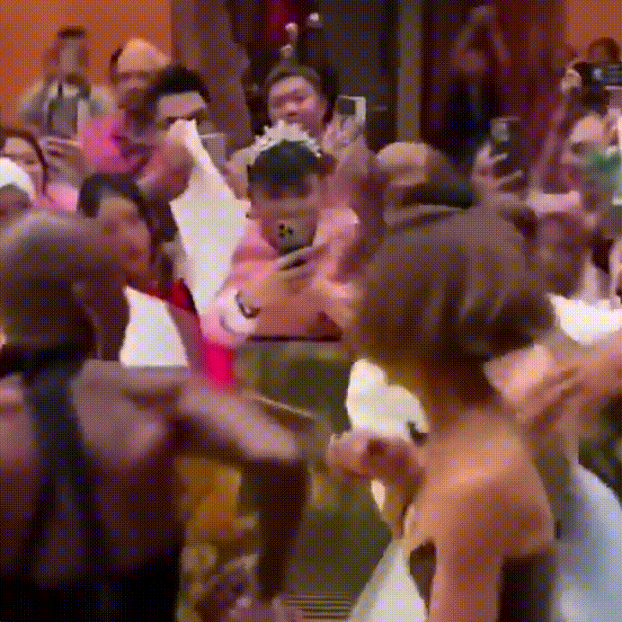 지난 13일 싱가포르에서 열린 영화 ‘위키드:포 굿’시사회에 참석한 아리아나 그란데를 향해 달려드는 돌발 상황. 뉴욕포스트 캡처