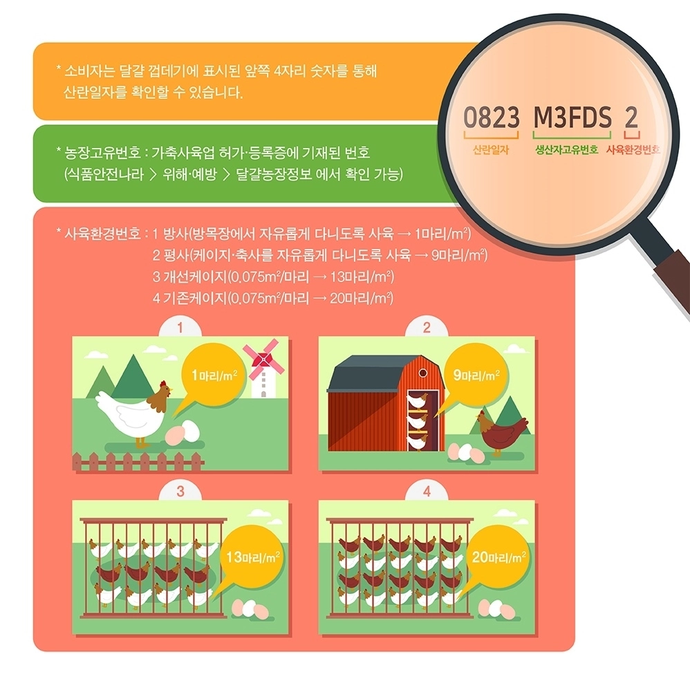 달걀 표면에 새겨진 10자리 숫자 및 알파벳으로 달걀의 생산자와 산란일자, 사육환경 등에 대한 정보를 알 수 있다. 자료 : 식품의약품안전처