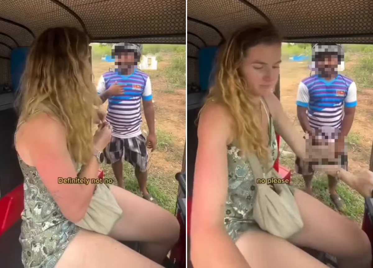 혼자서 스리랑카를 여행하던 외국인 여성을 쫓아온 현지 남성이 처음엔 웃는 낯으로 다가와 인사를 건네더니 이내 성관계를 요구하고(왼쪽), 여성이 단호히 거절하자 바지를 내려 음란행위(오른쪽)를 하고 있다(사진 일부 모자이크 처리함). 인스타그램 캡처