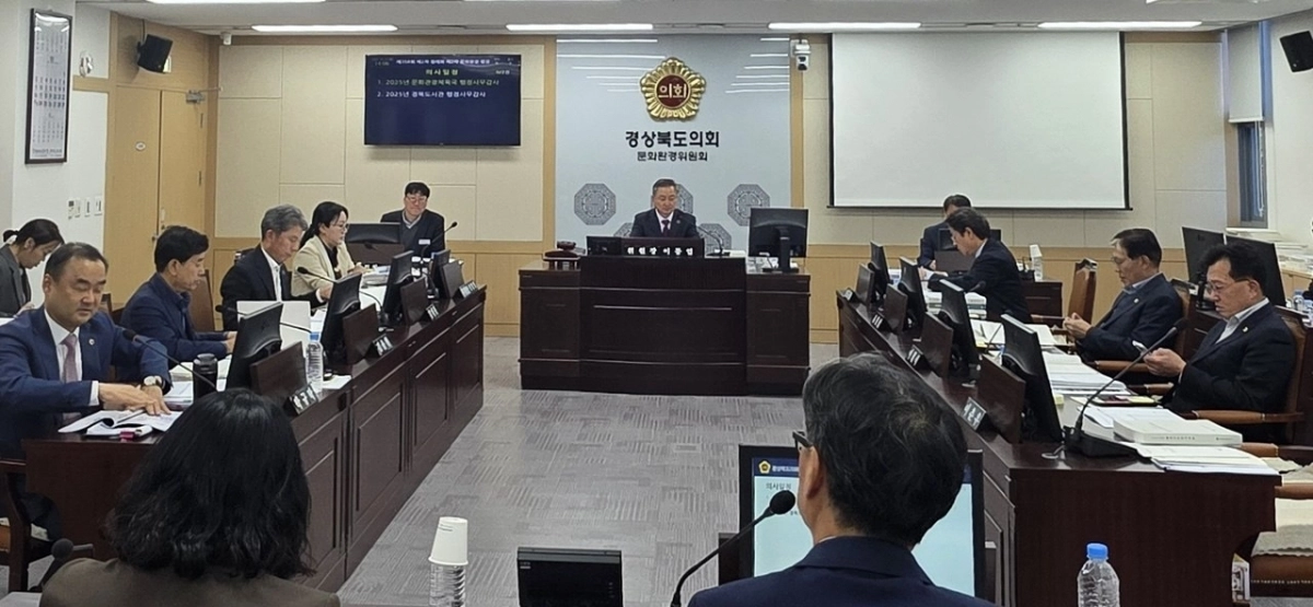 지난 17일 문화관광체육국 및 경북도서관을 대상으로 2025년도 행정사무감사를 실시한 경북도의회 문화환경위원회(위원장 이동업). 경북도의회 제공