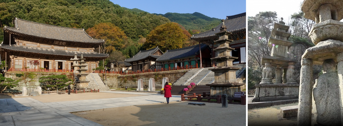전남 구례 화엄사의 중심 영역인 너른 마당에는 두 기의 탑이 어슷하게 서 있다. 두 탑 주변에 직각으로 놓인 대웅전과 각황전이 공간을 장악하는 모양새를 이룬다(왼쪽 사진). 화엄사에 놓인 길을 따라 오르다 보면 언덕 위에서 ‘효대’를 만난다(오른쪽 사진). 절의 입구부터 시작된 흐름이 종착점처럼 공양상이 있는 탑에서 끝나고 다시 지리산으로 이어진다. 가온건축·국가유산채널 제공