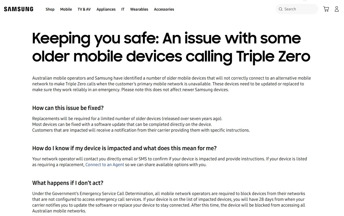 “호주 내 일부 구형 휴대전화, 000 긴급전화 이용 문제”. 삼성전자 홈페이지 캡처