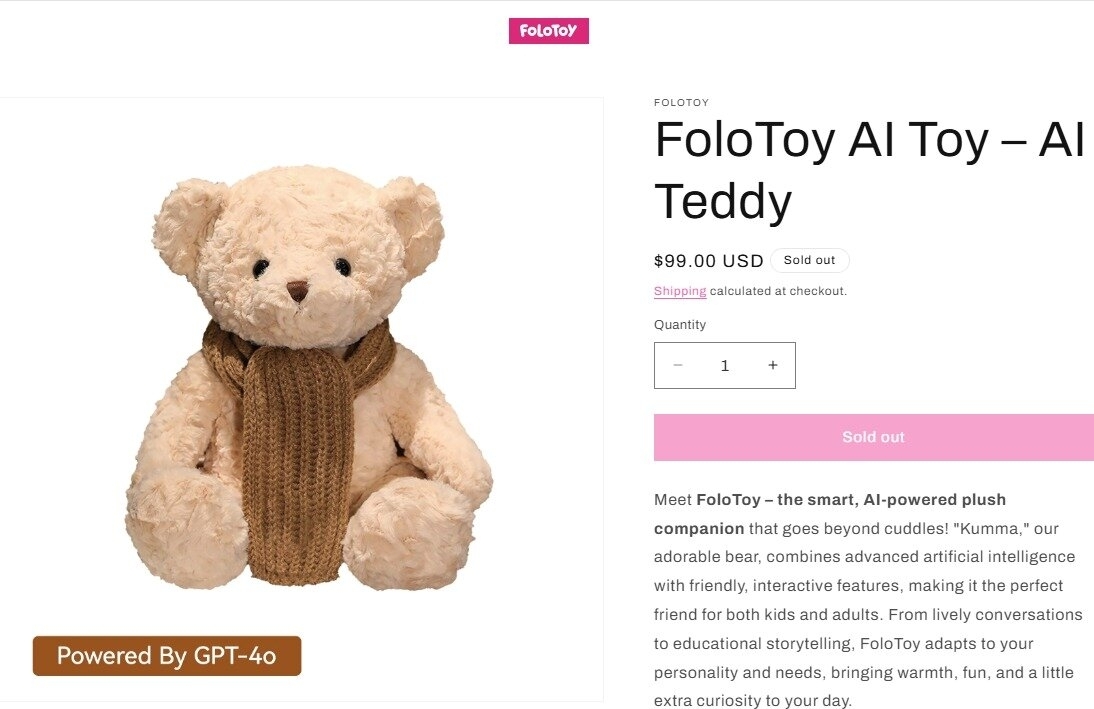 폴로토이(FoloToy)가 판매를 중지한 쿠마(Kumma) 곰인형. 폴로토이 웹사이트