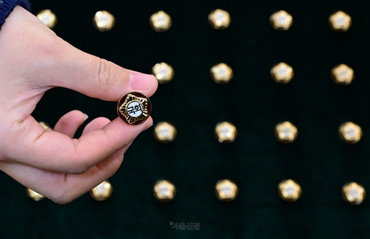 제22대 총선을 이틀 앞둔 지난해 4월 8일 국회사무처가 22대 국회의원 배지를 공개하고 있다. 홍윤기 기자