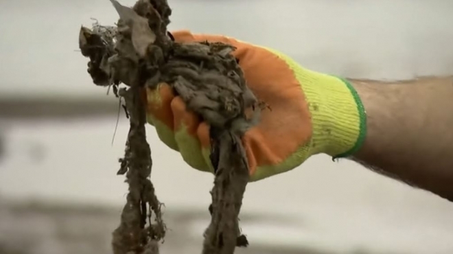 영국 템스강에서 발견된 물티슈들. BBC 유튜브.
