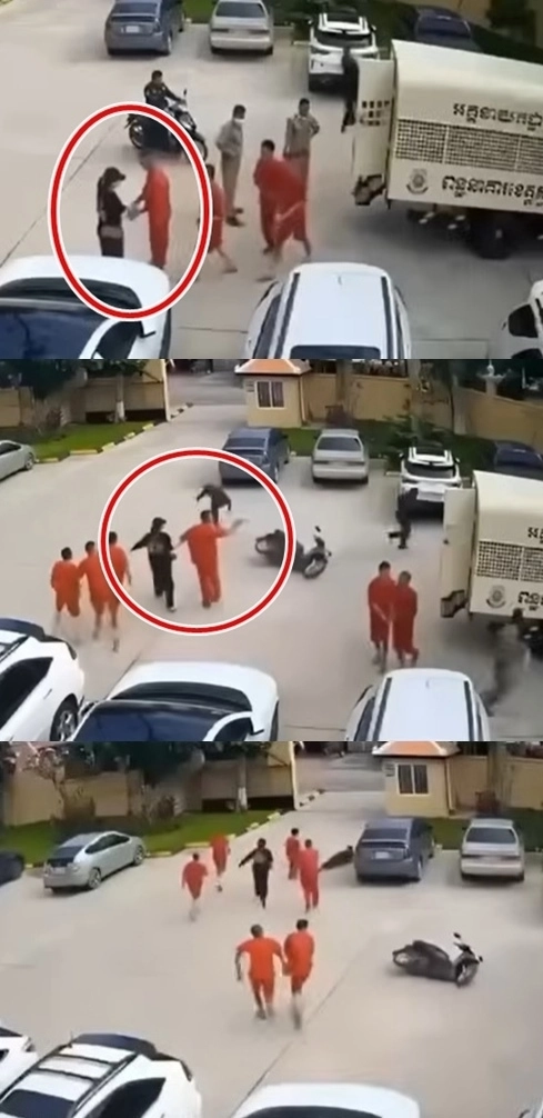 18일 캄보디아 남부 스바이 리엥 주 지방법원에서 사기 혐의로 기소돼 재판받기 위해 법원을 찾은 베트남 남성 5명과 캄보디아 남성 1명이 한 베트남 여성에게 건네받은 권총으로 총격전을 벌이며 탈주했다.(왼쪽) 이들은 1시간 30분 만에 체포됐다. 자료 : 스바이 리엥 주 지방법원 폐쇄회로(CC)TV·소셜미디어