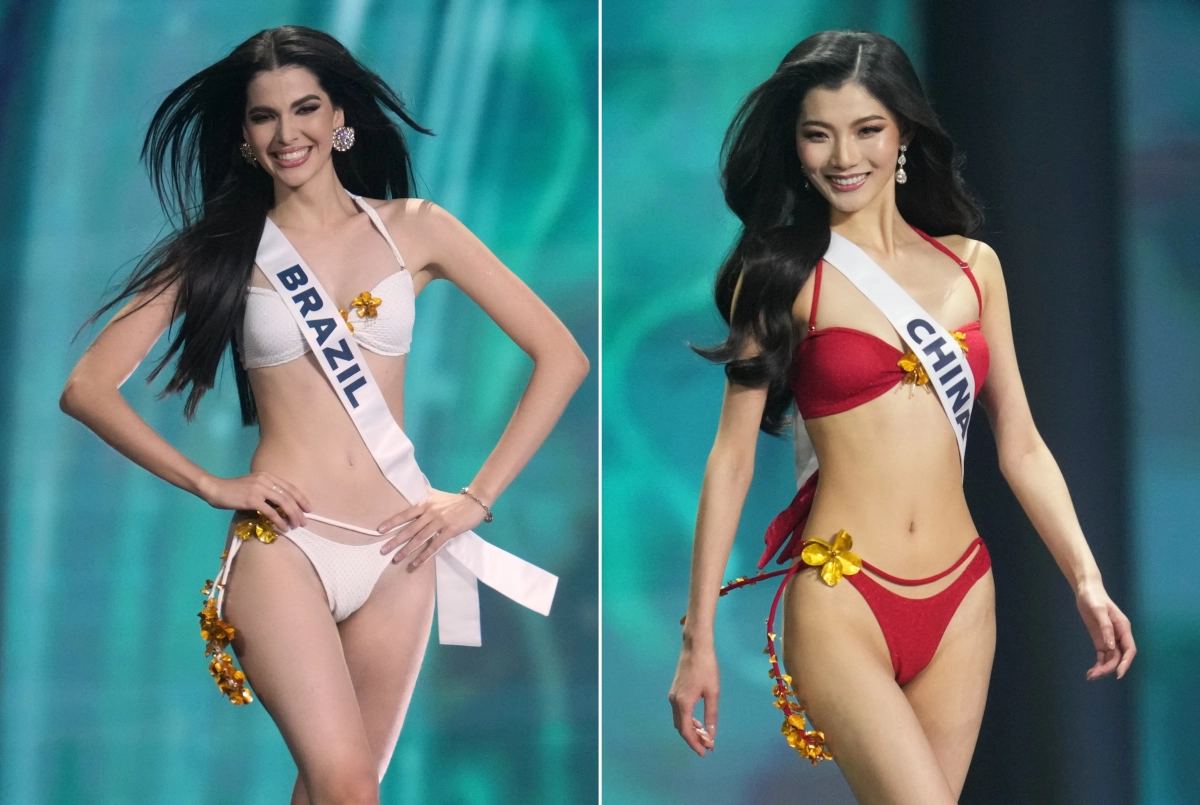 21일(현지시간) 태국 논타부리에서 열린 제74회 미스 유니버스 결승전 무대에 오른 브라질 대표 가브리엘라 라세르다(왼쪽)와 중국 대표 자오 나. 2025.11.21 AP 연합뉴스