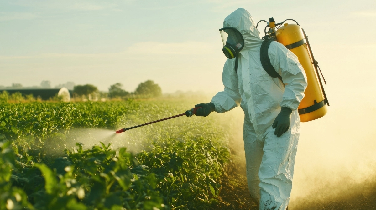 방호복을 입은 작업자가 밭에 살충제를 뿌리는 모습.123rf