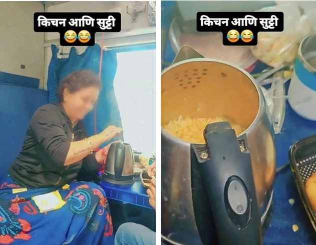 인도의 기차 안에서 전기주전자로 라면을 끓이는 여성(왼쪽)과 주전자 속 라면 브랜드 ‘매기’. 소셜미디어(SNS) 캡처