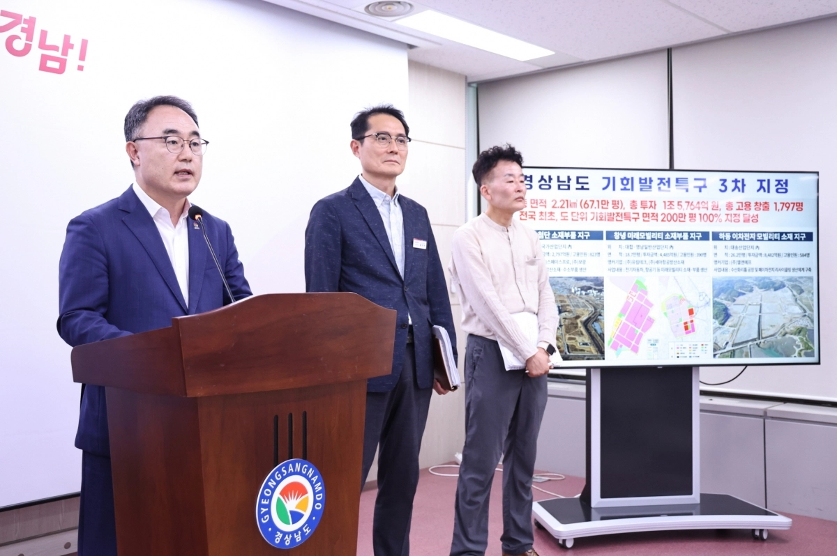 경남도가 지난 7월 밀양·창녕·하동 3개 지역이 ‘기회발전특구’로 추가 지정됐다는 내용으로 브리핑하고 있다. 도는 첨단소재, 미래모빌리티, 이차전지 산업을 포괄하는 첨단 산업벨트 조성을 본격 착수한다고 밝혔다. 경남도 제공