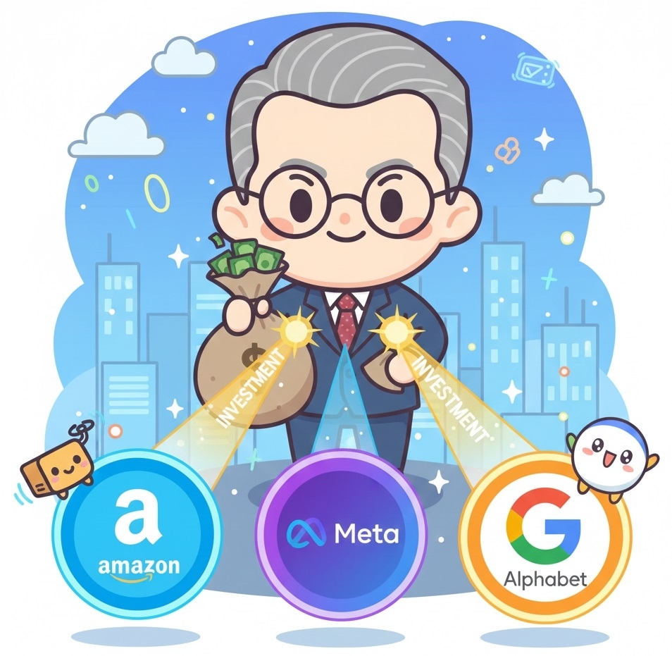 억만장자 투자자 스탠리 드러켄밀러가 3분기 집중 매수한 아마존·메타·알파벳을 표현한 인공지능(AI) 일러스트.
