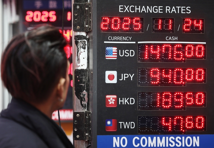 원·달러 환율이 1.5원 오른 1477.1원으로 마감한 24일 서울 중구 명동의 사설 환전소에서 외국인 관광객들이 환전하고 있다. 이날 종가는 6거래일 연속 오른 것으로 지난 4월 9일(1484.1원) 이후 7개월 반 만에 최고치다. 연합뉴스