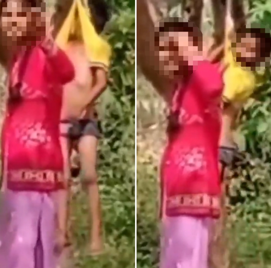 지난 24일(현지시간) 인도 중부 차티스가르주의 한 마을 학교에서 교사들이 4살 학생을 몇 시간 동안이나 나무에 매달아 벌 준 것이 알려지며 지역 사회를 충격에 빠뜨렸다(사진 일부 모자이크 처리함). 다이닉바스카르 보도화면 캡처