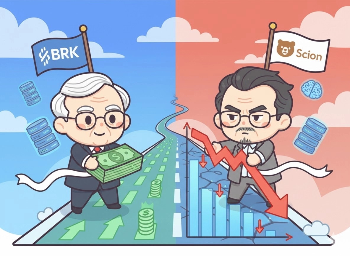 워렌 버핏 버크셔 해서웨이 회장과 마이클 버리 사이온자산운용 창업자가 인공지능(AI) 주식을 두고 정반대 투자 선택을 한 모습을 표현한 AI 일러스트.