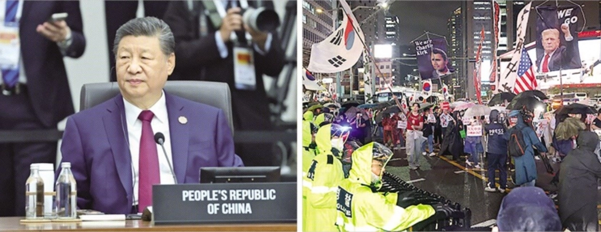 지난달 31일 경주화백컨벤션센터(HICO)에서 열린 아시아태평양경제협력체(APEC) 정상회의 제1세션에 참석한 시진핑 중국 국가주석(왼쪽 사진). 오른쪽은 지난 9월 한 극우 단체가 명동 주한중국대사관 인근에서 반중 집회를 벌이고 행진을 시작하자 경찰이 명동거리로 향하는 길을 막고 있는 모습. 연합뉴스