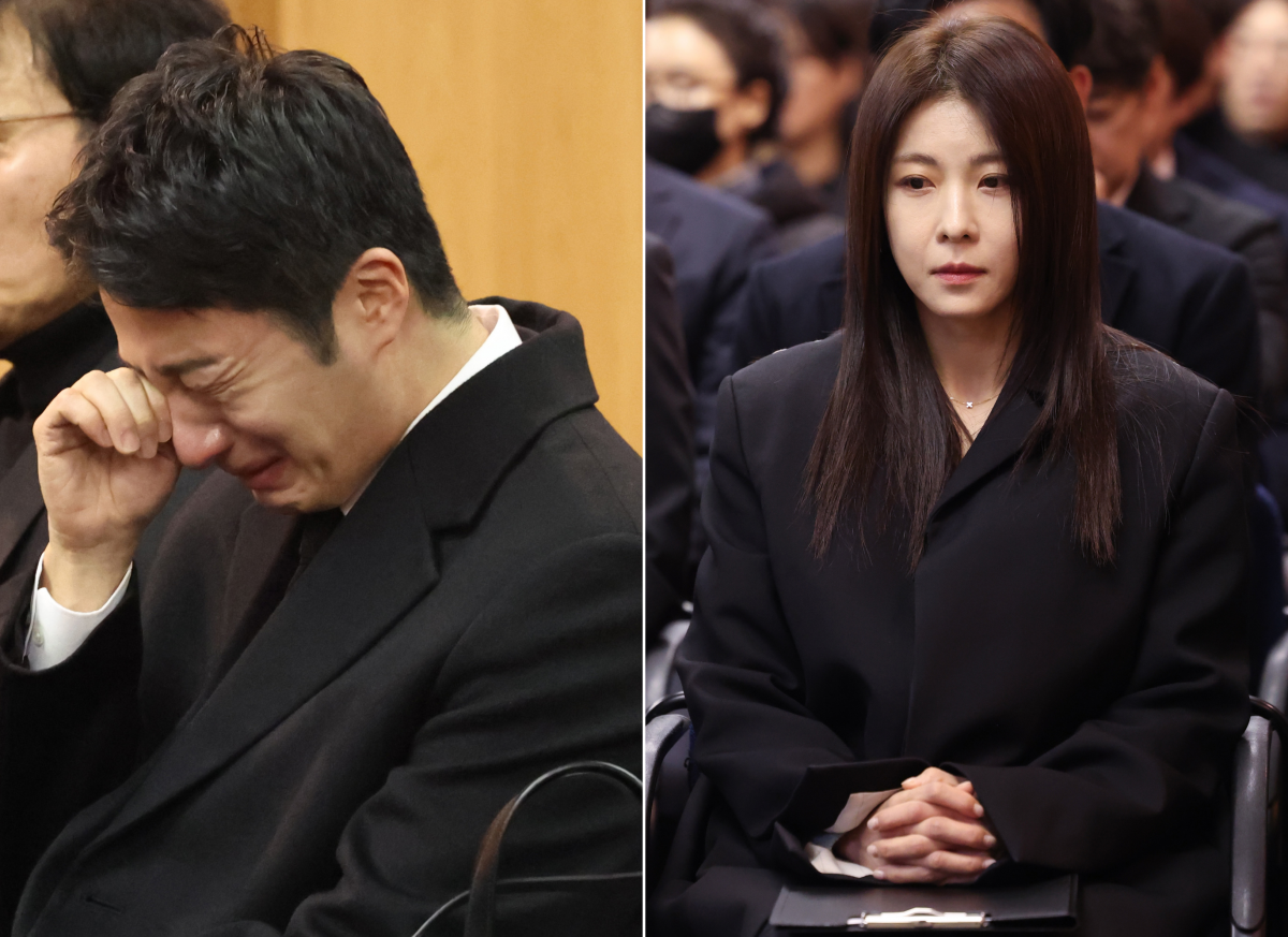 27일 오전 서울 송파구 서울아산병원 장례식장에서 엄수된 배우 고(故) 이순재의 영결식에 참석한 배우 정일우(왼쪽)와 하지원. 2025.11.27 공동취재