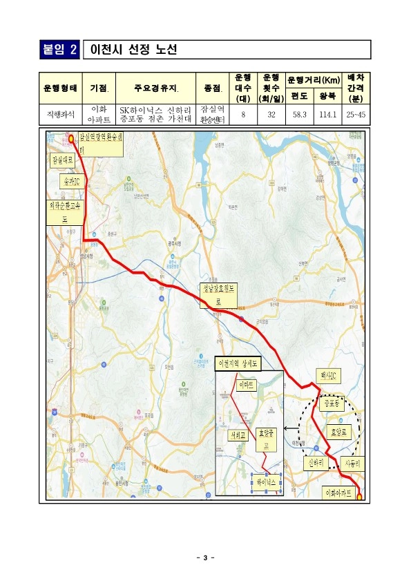 이천 ‘부발~잠실’ 광역버스 노선도