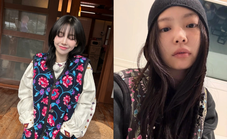 김장조끼를 착용한 걸그룹 에스파의 카리나와 블랙핑크 제니. 온라인 커뮤니티