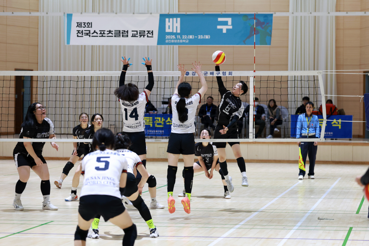 지난 22~23일 전남 강진에서 열린 제3회 전국스포츠클럽교류전에서 배구 종목에 참가한 선수들이 열띤 경쟁을 펼치고 있다. 대한체육회 제공