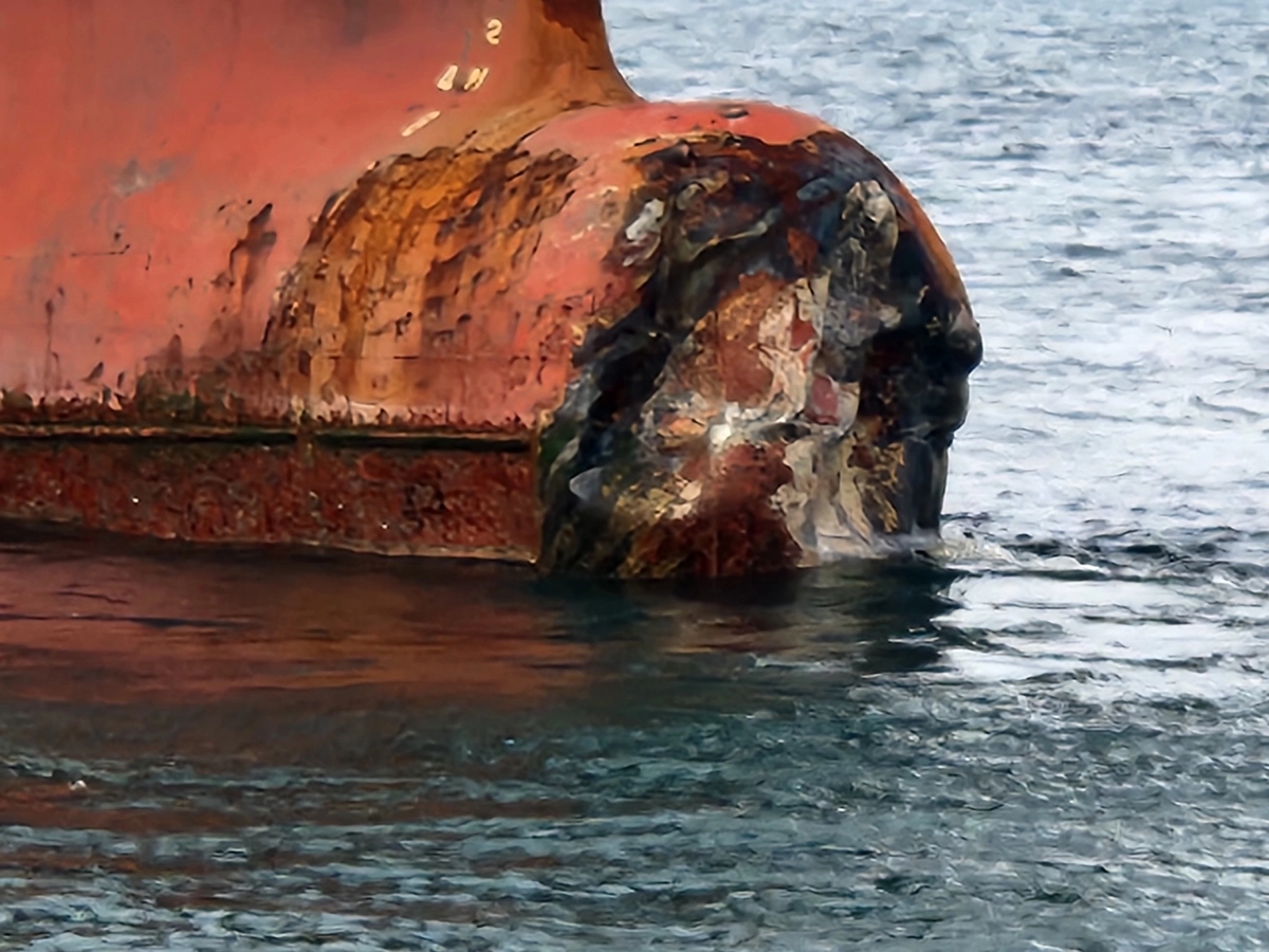 부두와 충돌해 파손된 하물선 구상선수. 부산해양경찰서 제공