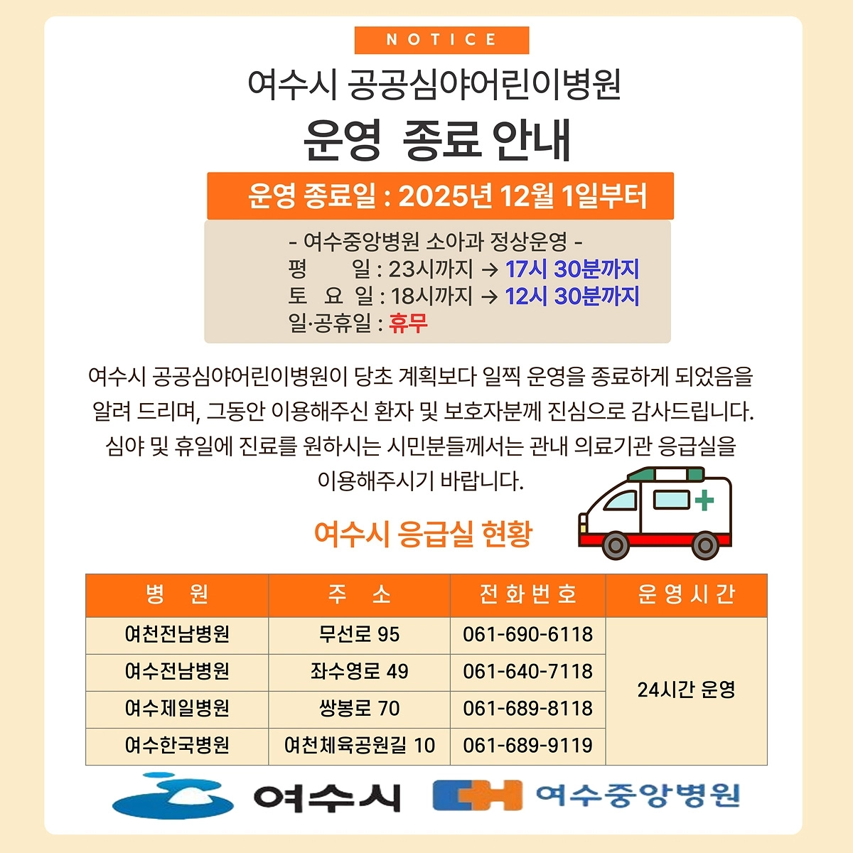 여수시 공공심야어린이병원 운영 종료 안내 홍보물.